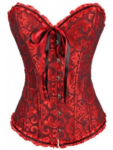 Bustiers & Corsets Vintage Corset Top Overbust Bustier Lace Up Burlesque with G-String - Dark Red - CZ18UAOCRCI $18.30