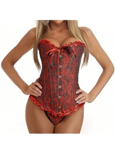 Bustiers & Corsets Vintage Corset Top Overbust Bustier Lace Up Burlesque with G-String - Dark Red - CZ18UAOCRCI $18.30