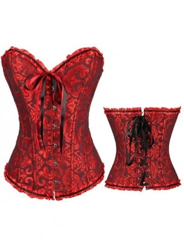 Bustiers & Corsets Vintage Corset Top Overbust Bustier Lace Up Burlesque with G-String - Dark Red - CZ18UAOCRCI $18.30