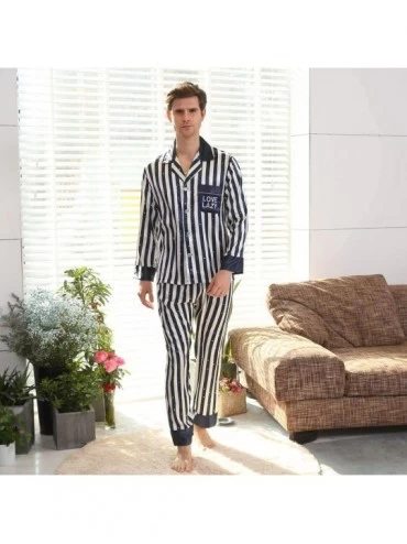 Sleep Sets Men's Lightweight Button Down Striped Pajama Set Long Pjs Set Soft Loungewear Sleepwear - Black - CS18XIGC4I8 $31.39