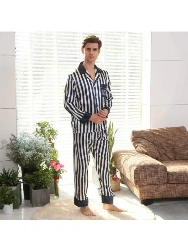 Sleep Sets Men's Lightweight Button Down Striped Pajama Set Long Pjs Set Soft Loungewear Sleepwear - Black - CS18XIGC4I8 $31.39