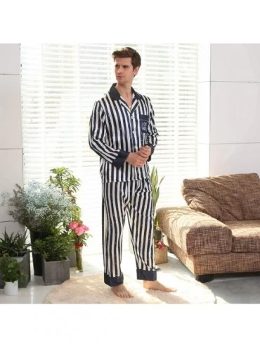 Sleep Sets Men's Lightweight Button Down Striped Pajama Set Long Pjs Set Soft Loungewear Sleepwear - Black - CS18XIGC4I8 $31.39