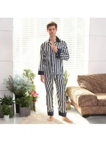 Sleep Sets Men's Lightweight Button Down Striped Pajama Set Long Pjs Set Soft Loungewear Sleepwear - Black - CS18XIGC4I8 $31.39