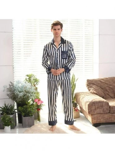 Sleep Sets Men's Lightweight Button Down Striped Pajama Set Long Pjs Set Soft Loungewear Sleepwear - Black - CS18XIGC4I8 $31.39