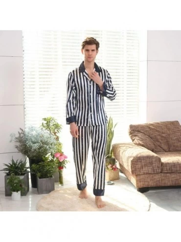 Sleep Sets Men's Lightweight Button Down Striped Pajama Set Long Pjs Set Soft Loungewear Sleepwear - Black - CS18XIGC4I8 $31.39