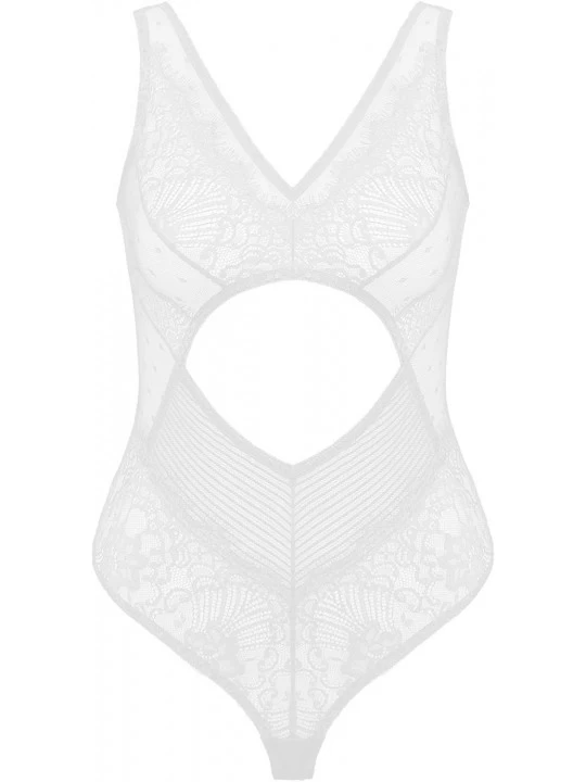 Baby Dolls & Chemises Womens Cutout Eyelash Lace Teddy Lingerie Snap Crotch Bodysuit - White - CZ18K4D29YK $18.66