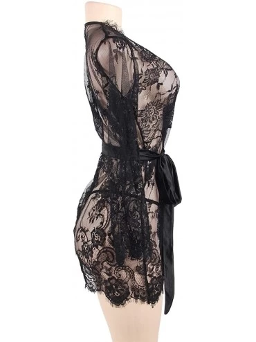 Robes Women Lace Lace Kimono Robe Babydoll Lingerie Sheer Short Robe Nightgown with G-String M-5XL - Style 1 Black - CW18AR9U...