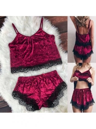 Sets Pajamas Set Womens Lace Satin Nightwear Lingerie Gown Sleep Cami PJS Set with Shorts Wine - Wine - CI19467LRS6 $10.34