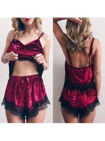 Sets Pajamas Set Womens Lace Satin Nightwear Lingerie Gown Sleep Cami PJS Set with Shorts Wine - Wine - CI19467LRS6 $10.34