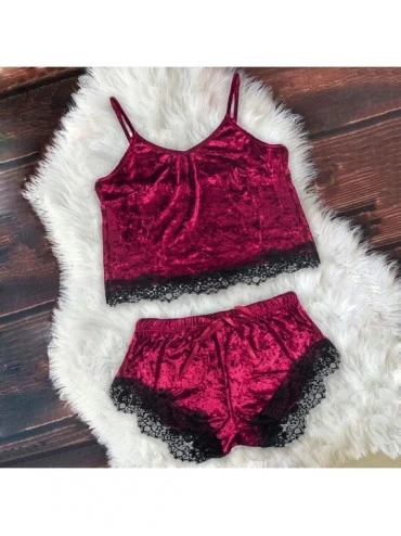 Sets Pajamas Set Womens Lace Satin Nightwear Lingerie Gown Sleep Cami PJS Set with Shorts Wine - Wine - CI19467LRS6 $10.34