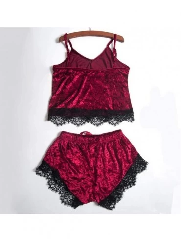 Sets Pajamas Set Womens Lace Satin Nightwear Lingerie Gown Sleep Cami PJS Set with Shorts Wine - Wine - CI19467LRS6 $10.34