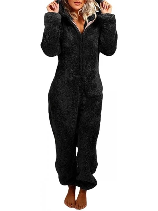 Sets Womens Fleece Ears Hooded Jumpsuit Sleepwear Zipper One Piece Romper Playsuit Sherpa Pajamas Homewear Jumpsuit Black - C...