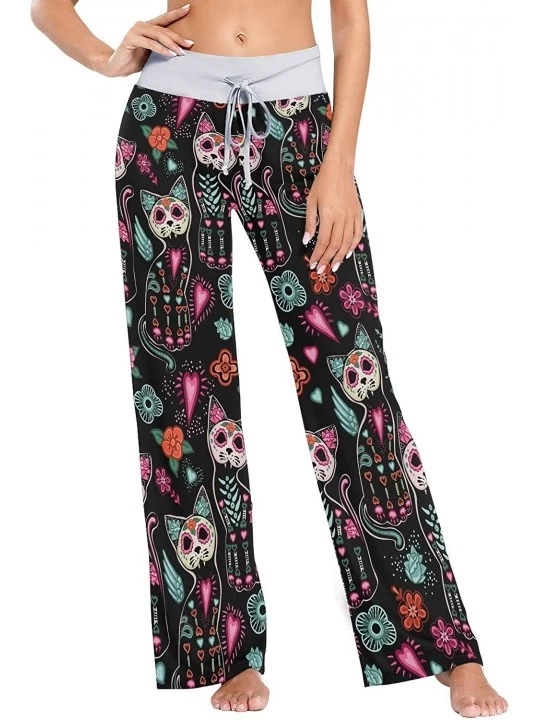 Bottoms Floral Sugar Skull Cat Head Women's Pajama Pants Lounge Sleep Wear - Multi - CF19COQZQEX $24.63