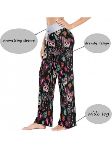 Bottoms Floral Sugar Skull Cat Head Women's Pajama Pants Lounge Sleep Wear - Multi - CF19COQZQEX $24.63