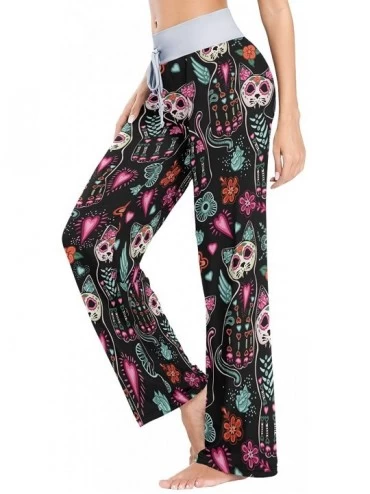 Bottoms Floral Sugar Skull Cat Head Women's Pajama Pants Lounge Sleep Wear - Multi - CF19COQZQEX $24.63