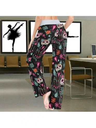 Bottoms Floral Sugar Skull Cat Head Women's Pajama Pants Lounge Sleep Wear - Multi - CF19COQZQEX $24.63