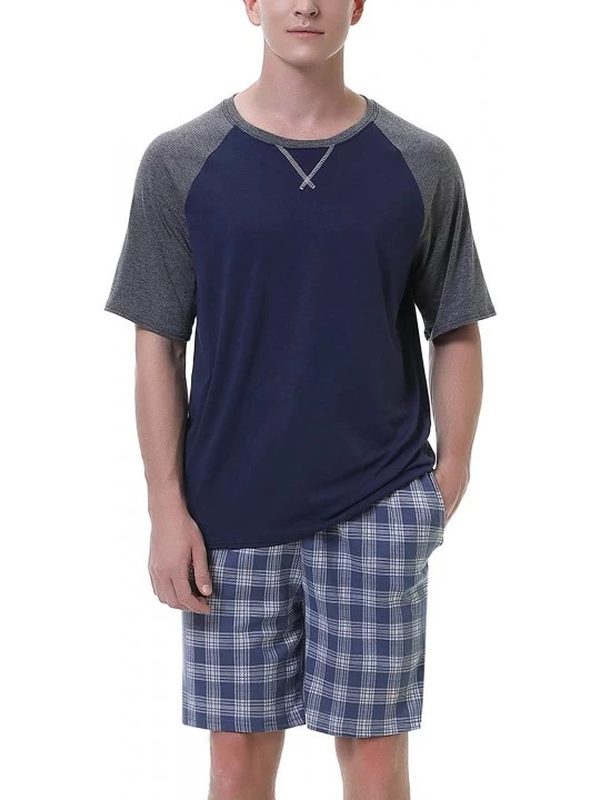 Sleep Sets Men's 100% Cotton Pajamas Set Short Sleeve Crew Neck Lounge Sleepwear - Blue Plaid - CB190K09RWU $23.54