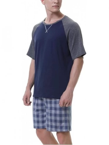 Sleep Sets Men's 100% Cotton Pajamas Set Short Sleeve Crew Neck Lounge Sleepwear - Blue Plaid - CB190K09RWU $23.54