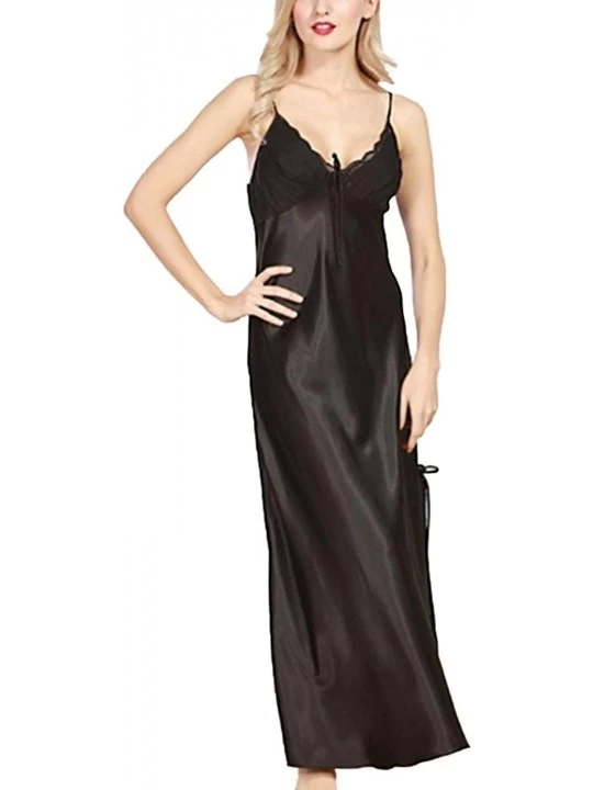 Nightgowns & Sleepshirts Women's Satin Nightgown Sleeveless Sleepwear Night Dress Lace Trimmed Full Length Slip Dress - Black...