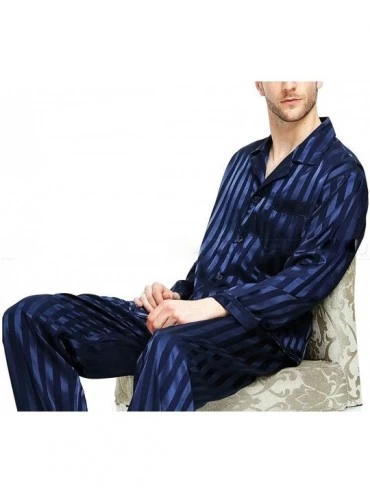 Sleep Sets Men Silk Satin Pajamas Set Long Sleeve Lapel Cardigan Trousers Sleepwear Loungewear - Stripe Dark Blue - C819COGY3...