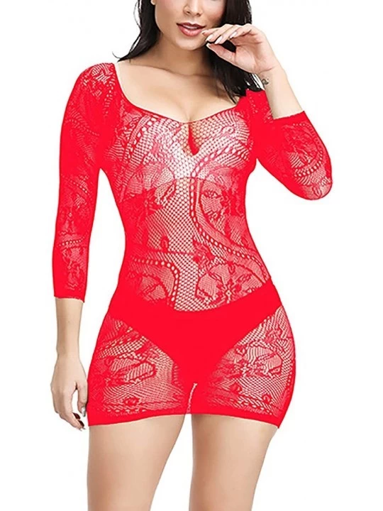 Baby Dolls & Chemises Women Fishnet Lingere BadyDolls Chemise Long Sleeve Stocking Size US2-18 - Red - CJ18Y67Y9H6 $7.33