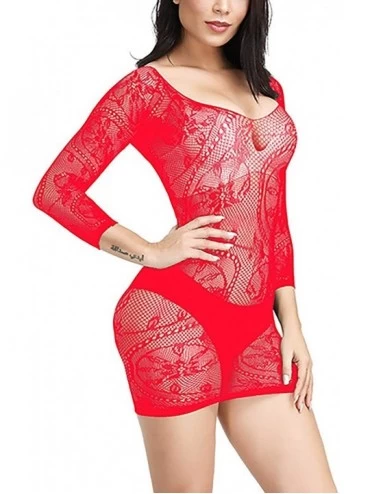 Baby Dolls & Chemises Women Fishnet Lingere BadyDolls Chemise Long Sleeve Stocking Size US2-18 - Red - CJ18Y67Y9H6 $7.33