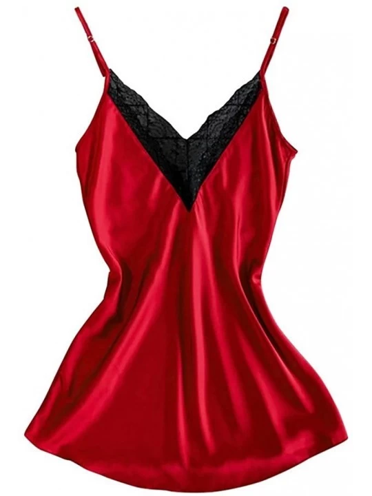 Bras New Women Lace Satin Silk Sleepwear V-Neck Lingerie Pajamas Nightdress Underwear - Red - C8197ZMWHL3 $16.08