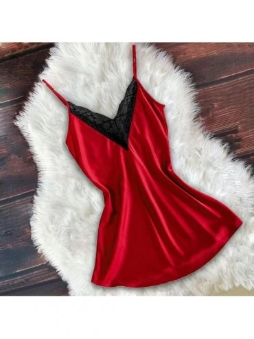 Bras New Women Lace Satin Silk Sleepwear V-Neck Lingerie Pajamas Nightdress Underwear - Red - C8197ZMWHL3 $16.08