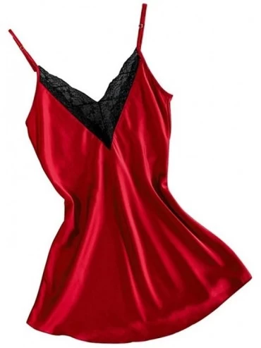 Bras New Women Lace Satin Silk Sleepwear V-Neck Lingerie Pajamas Nightdress Underwear - Red - C8197ZMWHL3 $16.08