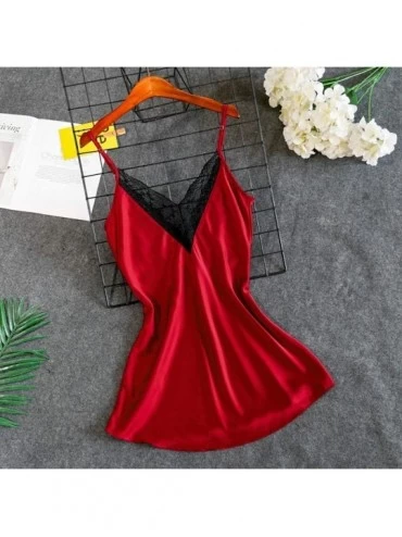 Bras New Women Lace Satin Silk Sleepwear V-Neck Lingerie Pajamas Nightdress Underwear - Red - C8197ZMWHL3 $16.08