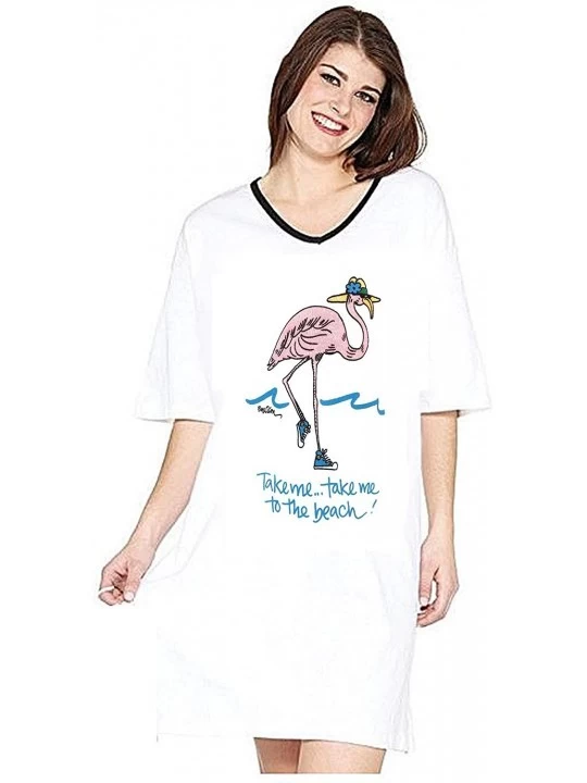 Tops Emerson Street Clothing Take Me to The Beach Whimsical Printed Women's Nightshirt in 100% USA Made Cotton - White - CF18...