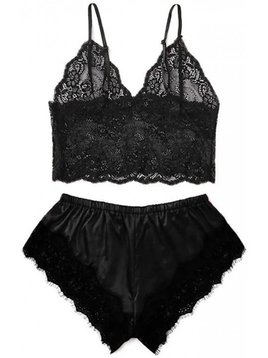 Sets Women's Lace Cami Top with Shorts with Panties 2 Piece Set Sexy Lingerie Pajama Set - Black - CT1900M7CUD $31.20