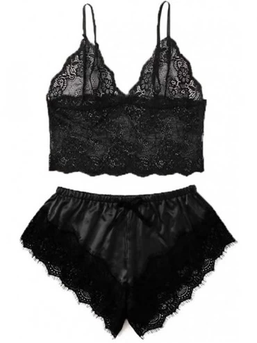 Sets Women's Lace Cami Top with Shorts with Panties 2 Piece Set Sexy Lingerie Pajama Set - Black - CT1900M7CUD $31.20