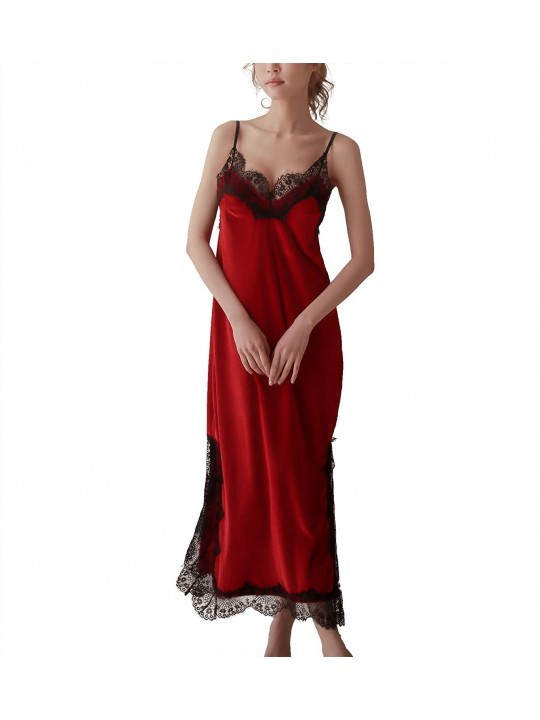 Women's Sexy Sleepwear Long Nightgown Slip Dress Lace Velvet Sleeveless ...