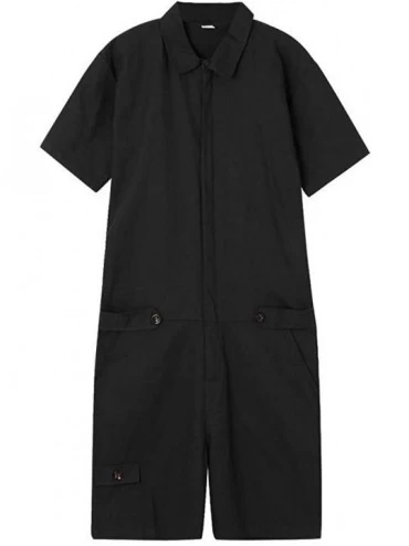 Sleep Sets Men's Short-Sleeve Coverall Fashion Pure-Colour Large Size Button Pocket Jumpsuit - A_black - CU19CZ8XQOL $18.33