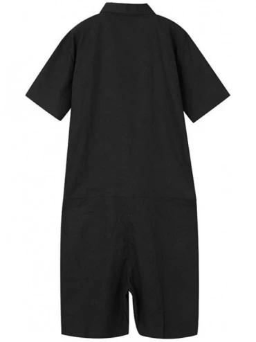 Sleep Sets Men's Short-Sleeve Coverall Fashion Pure-Colour Large Size Button Pocket Jumpsuit - A_black - CU19CZ8XQOL $18.33