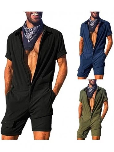 Sleep Sets Men's Short-Sleeve Coverall Fashion Pure-Colour Large Size Button Pocket Jumpsuit - A_black - CU19CZ8XQOL $18.33