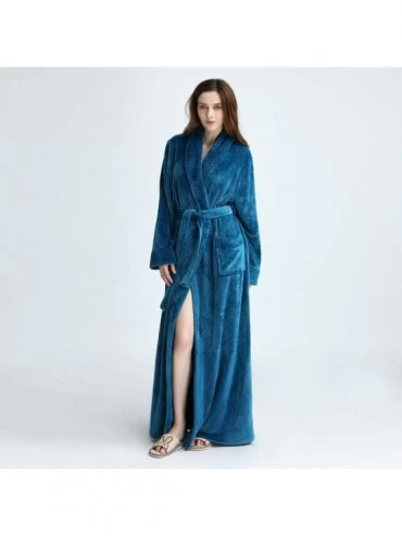 Robes Women's Solid Bathrobes Thicken Velvet Robe Gown Pajamas Sleepwear Pocket Waistband - Blue - CX18AI38ROI $26.79