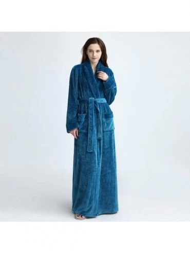 Robes Women's Solid Bathrobes Thicken Velvet Robe Gown Pajamas Sleepwear Pocket Waistband - Blue - CX18AI38ROI $26.79