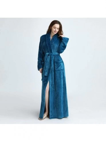 Robes Women's Solid Bathrobes Thicken Velvet Robe Gown Pajamas Sleepwear Pocket Waistband - Blue - CX18AI38ROI $26.79