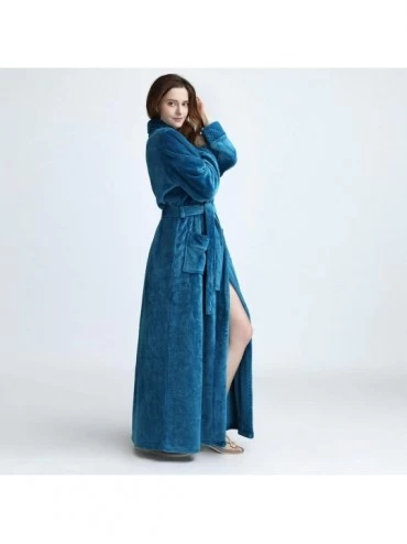 Robes Women's Solid Bathrobes Thicken Velvet Robe Gown Pajamas Sleepwear Pocket Waistband - Blue - CX18AI38ROI $26.79