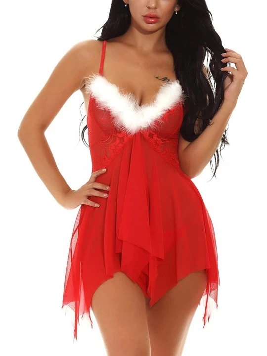 Baby Dolls & Chemises Christmas Dress Women Sexy Santa Lingerie Lace Trim Babydoll Red Chemise - 4-red - CX18YOYX8ND $17.64