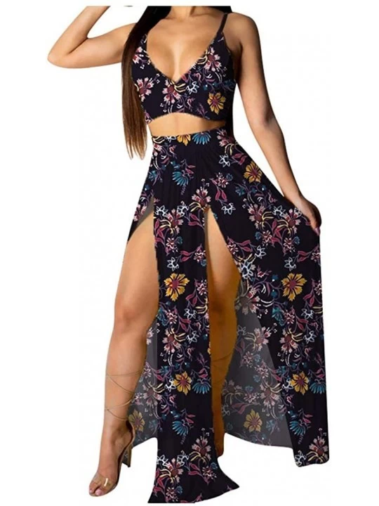 Sets Women Sexy Floral Print Summer Chiffon Sleeveless Crop Tops Maxi Skirt - Navy - CF196SW2YLN $24.52