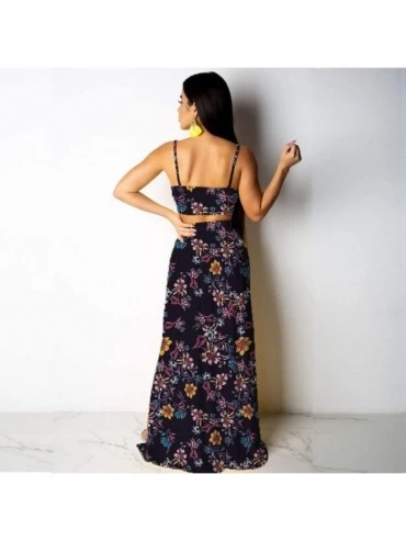 Sets Women Sexy Floral Print Summer Chiffon Sleeveless Crop Tops Maxi Skirt - Navy - CF196SW2YLN $24.52