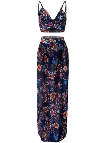 Sets Women Sexy Floral Print Summer Chiffon Sleeveless Crop Tops Maxi Skirt - Navy - CF196SW2YLN $24.52