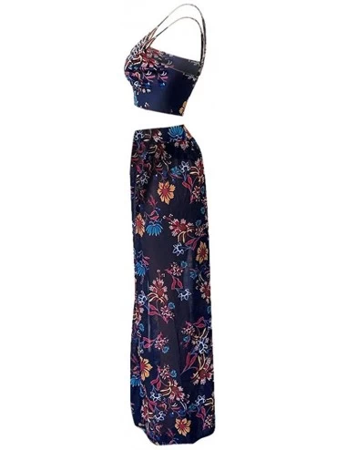 Sets Women Sexy Floral Print Summer Chiffon Sleeveless Crop Tops Maxi Skirt - Navy - CF196SW2YLN $24.52