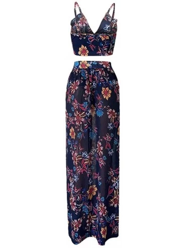 Sets Women Sexy Floral Print Summer Chiffon Sleeveless Crop Tops Maxi Skirt - Navy - CF196SW2YLN $24.52