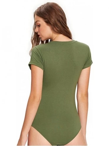 Shapewear Women's Short Sleeve Tops Basic V-Neck Leotard Bodysuit Jumpsuit - Green - CM1872T9E5U $20.49