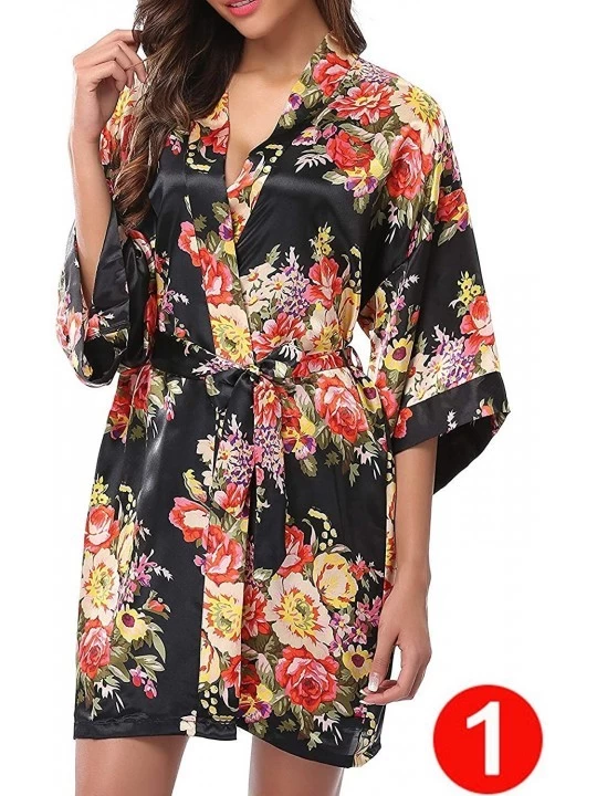 Robes Women Floral Satin Kimono Robe Getting Ready Robe for Wedding Spa Party Birthday Gift - Black - C618ICA2XH9 $13.34