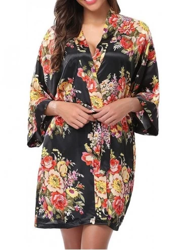 Robes Women Floral Satin Kimono Robe Getting Ready Robe for Wedding Spa Party Birthday Gift - Black - C618ICA2XH9 $13.34